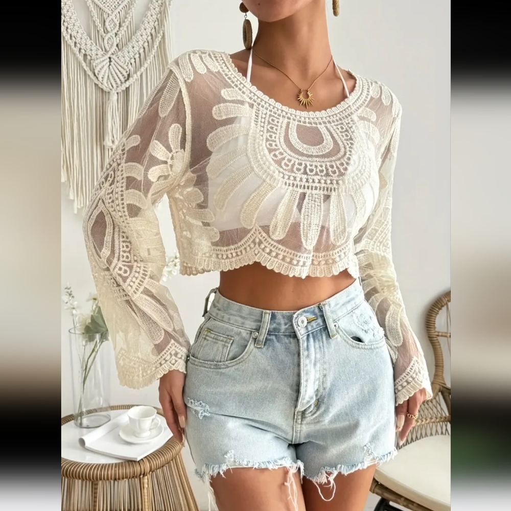 Bohemian Long Sleeve Embroidered Semi Sheer MeshTop Cream Beige S/4 M/6 L/8-10 - Picture 4 of 9
